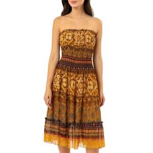 1990s Vintage Silk Strapless Dress Flowy Midi Dress Size Small Brown Tan Boho